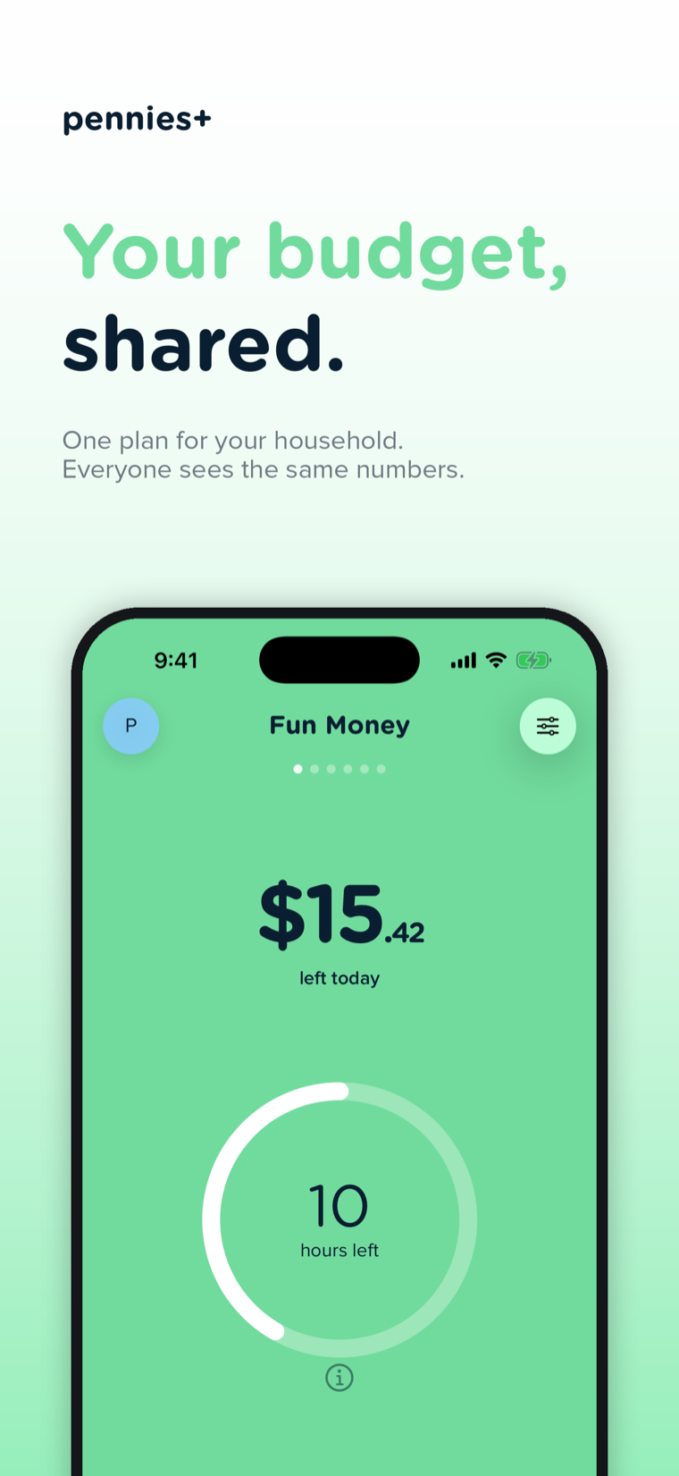 Pennies+ app showing a shared budget with the amount left to spend today