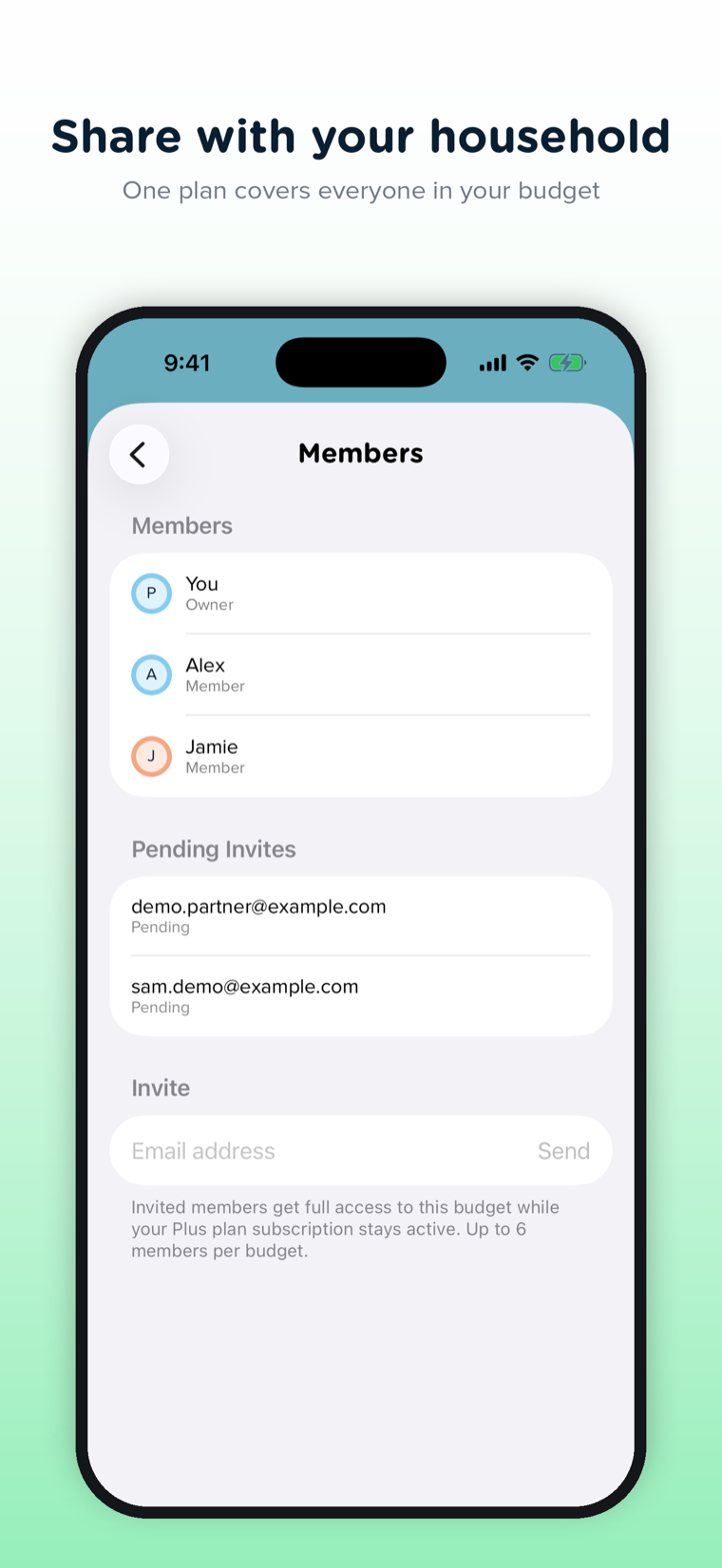 Pennies+ Members screen with household members and pending email invites
