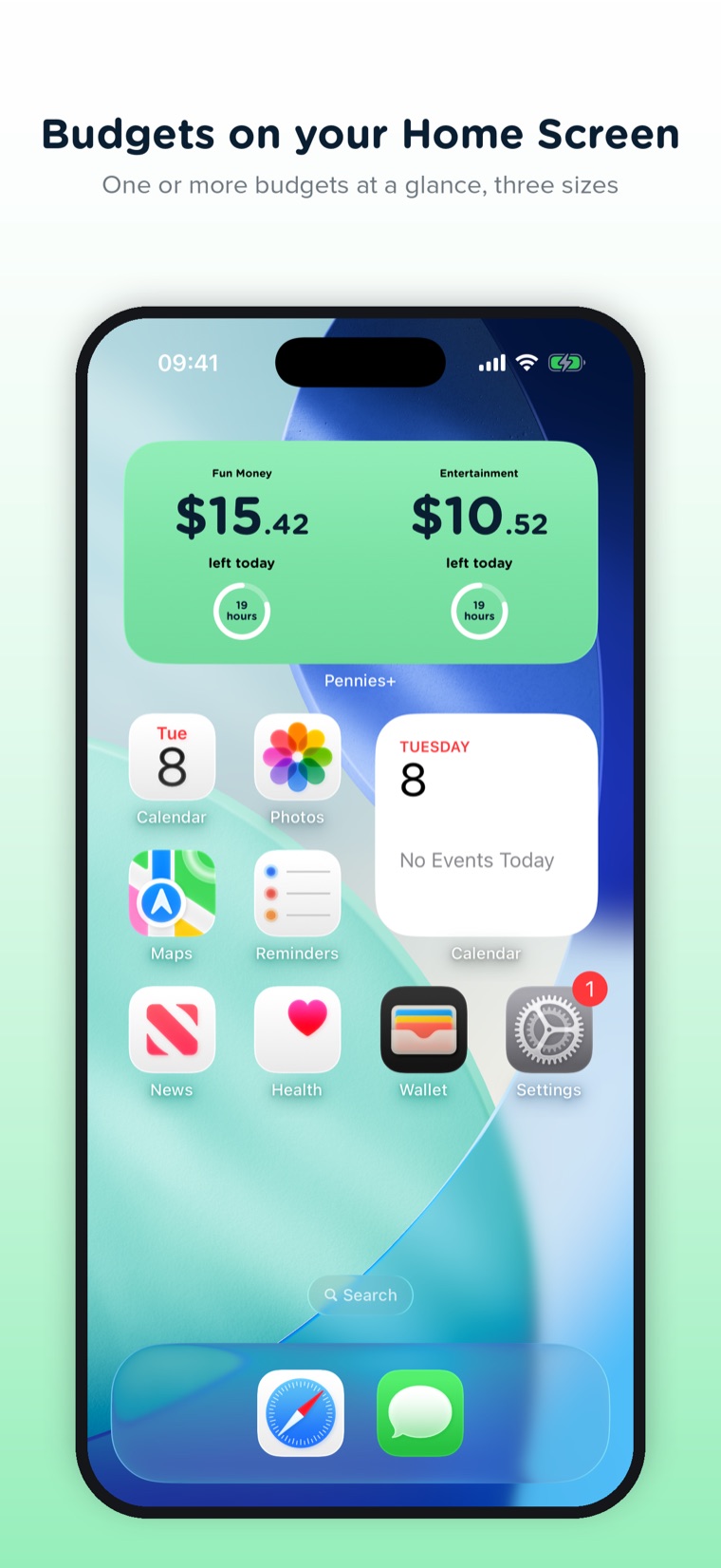 Pennies+ Home Screen widgets showing two budgets at a glance