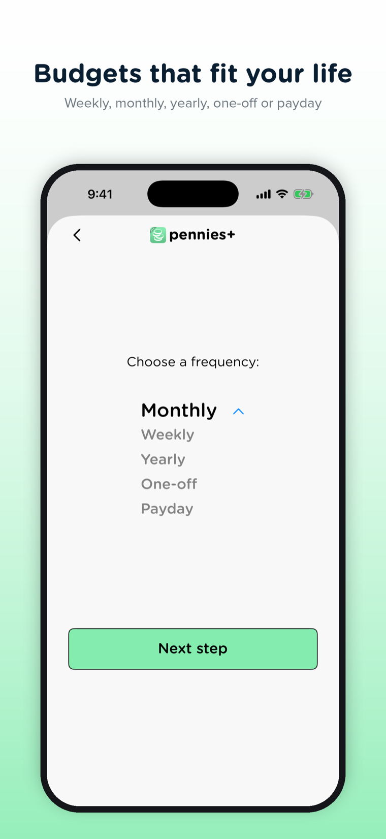 Pennies+ budget frequency picker with weekly, monthly, yearly, one-off, and payday options