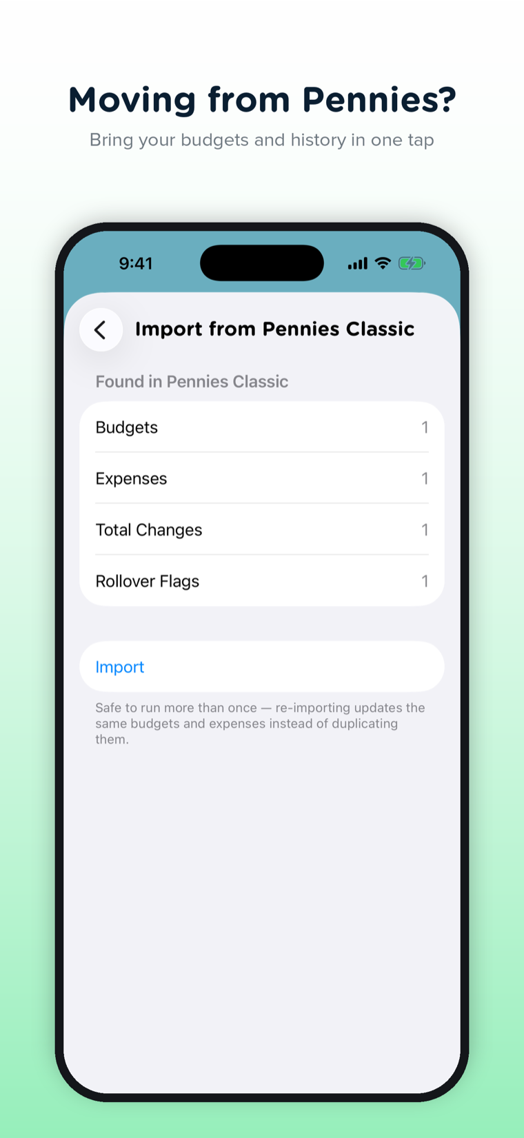 Import from Pennies Classic screen bringing budgets and expense history into Pennies+